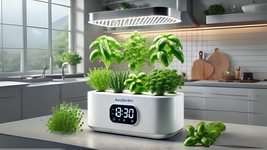 A sleek AeroGarden hydroponic gardening system placed on a modern kitchen countertop with fresh herbs.